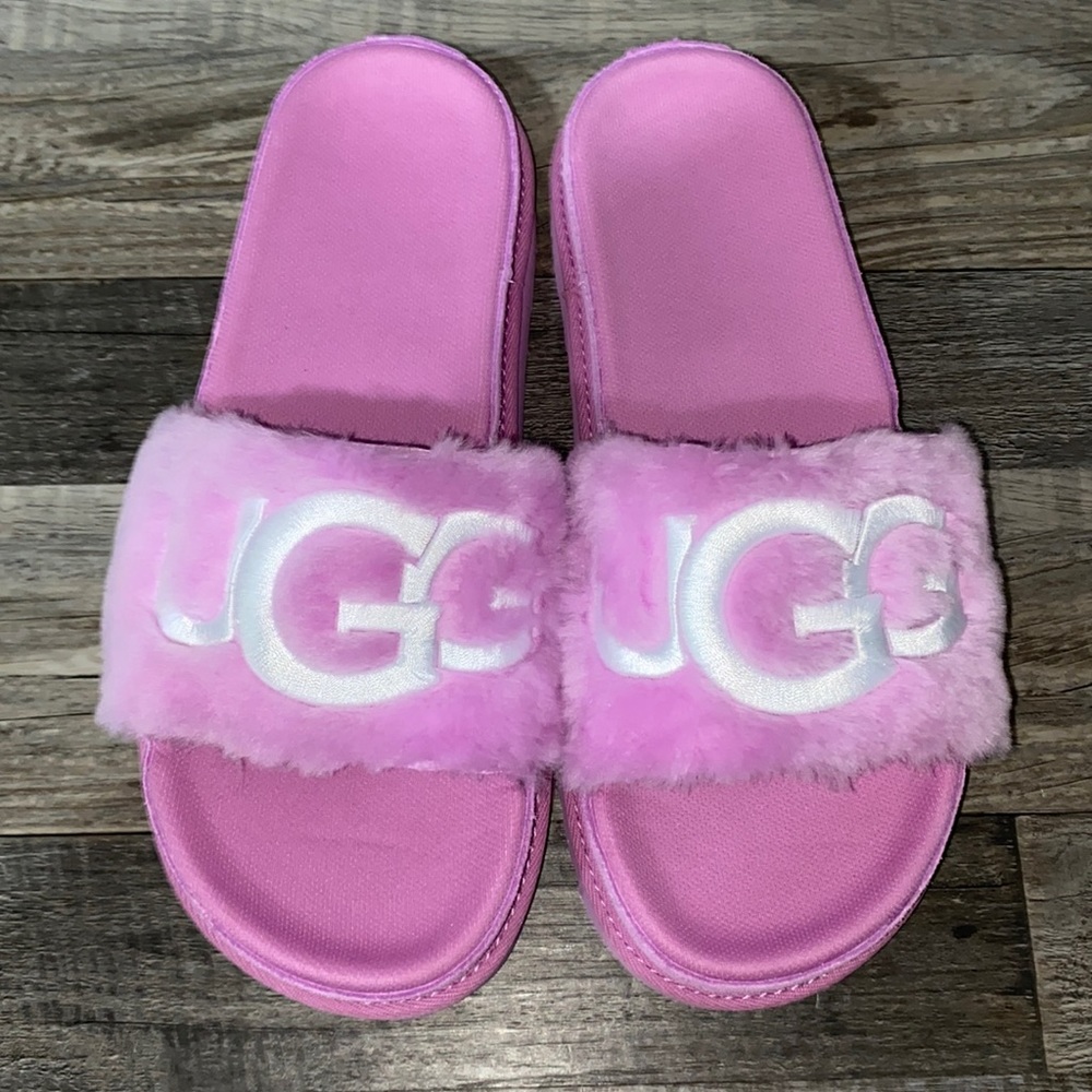 UGG Pink Latin Fur Slides. Size 10 Woman. New